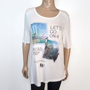 s.Oliver White Graphic T-Shirt Road Trip Travel Postcard Print Lace Trim Size 14